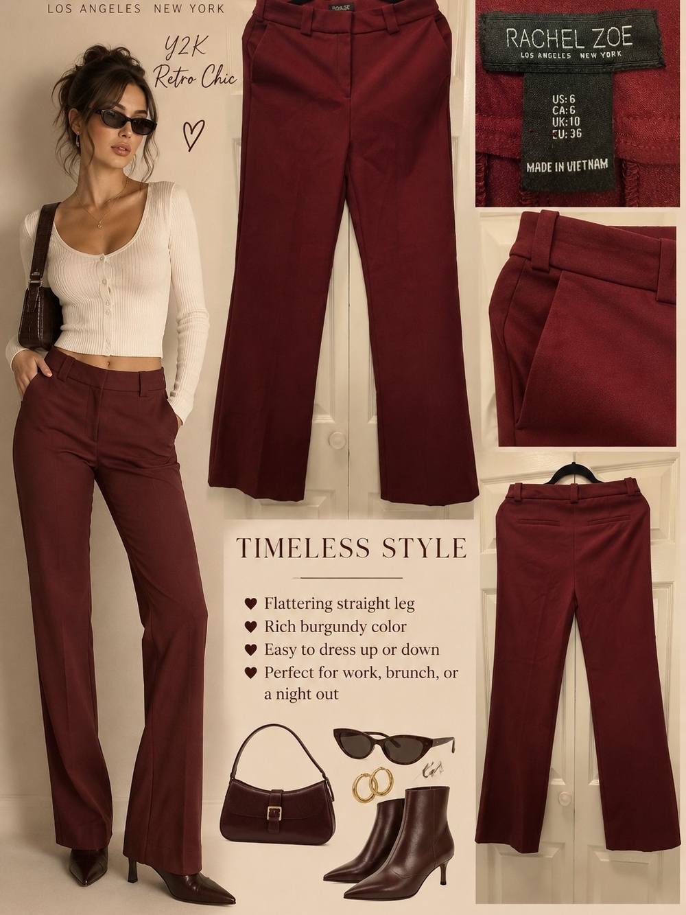Rachel Zoe Burgundy Flare Pants Size 6 Y2K Retro Office Siren Trouser